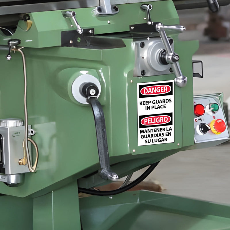 Danger, Keep Guards In Place Bilingual, 5x3, Pressure Sensitive Vinyl Machine Label