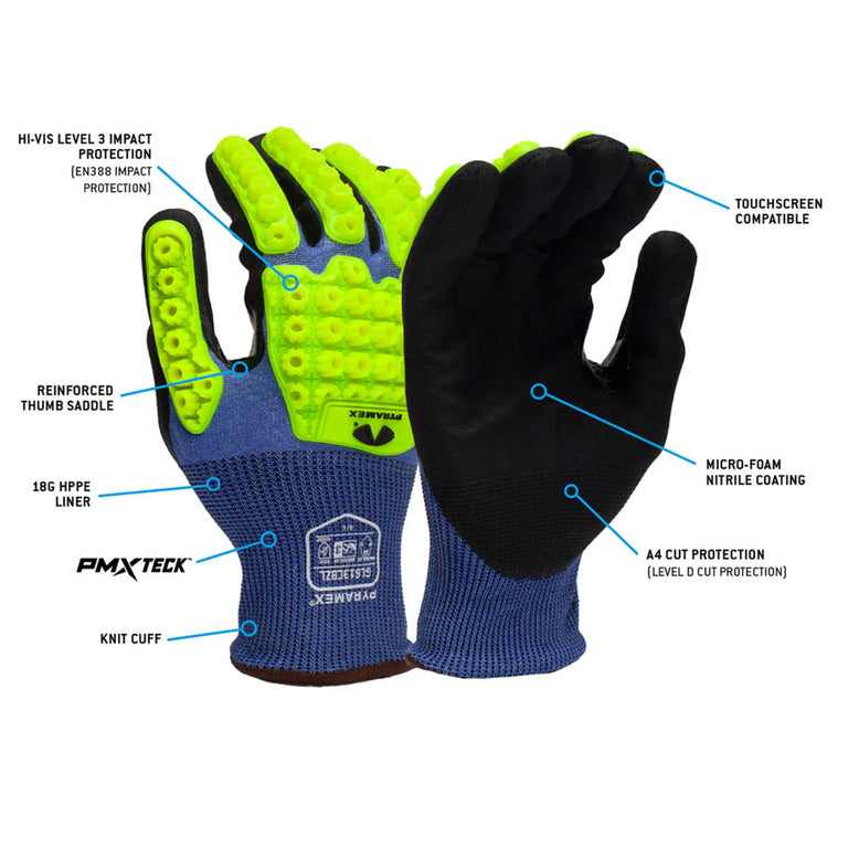 Pyramex GL613CBZ A4 Cut Micro-Foam Nitrile Dipped Impact 3 Gloves, Blue/Hi-Vis Green