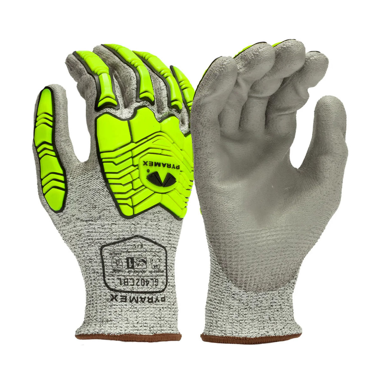 Pyramex GL402CB A4 Cut Polyurethane Dipped Level 1 Impact Gloves, Grey/Hi-Vis Lime