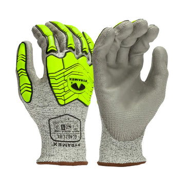 Pyramex GL402CB A4 Cut Polyurethane Dipped Level 1 Impact Gloves, Grey/Hi-Vis Lime