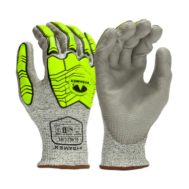 Pyramex GL402CB A4 Cut Polyurethane Dipped Level 1 Impact Gloves, Grey/Hi-Vis Lime