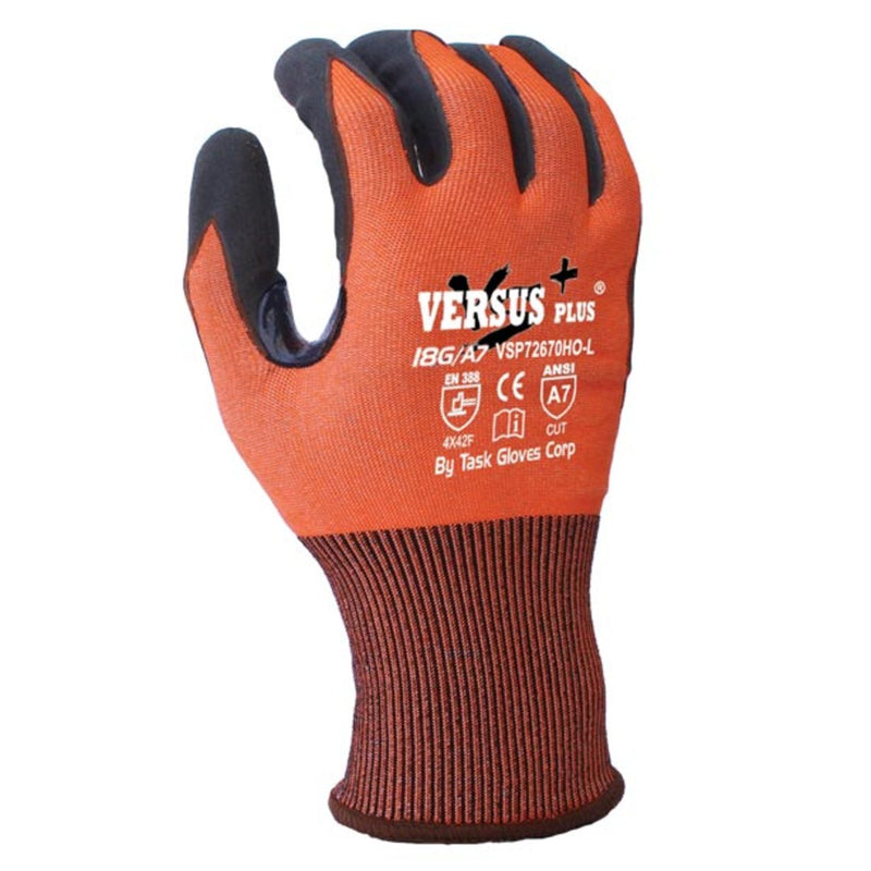 TASK Versus Plus 18G ANSI A7 Cut Resistant Micro-Foam Nitrile Coated Gloves, Orange - VSP72670HO