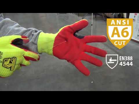 Black Stallion GR5040 AccuFlex Hi-Vis A6 Cut Sandy Nitrile Coated Impact Gloves, Hi-Vis Lime/Red