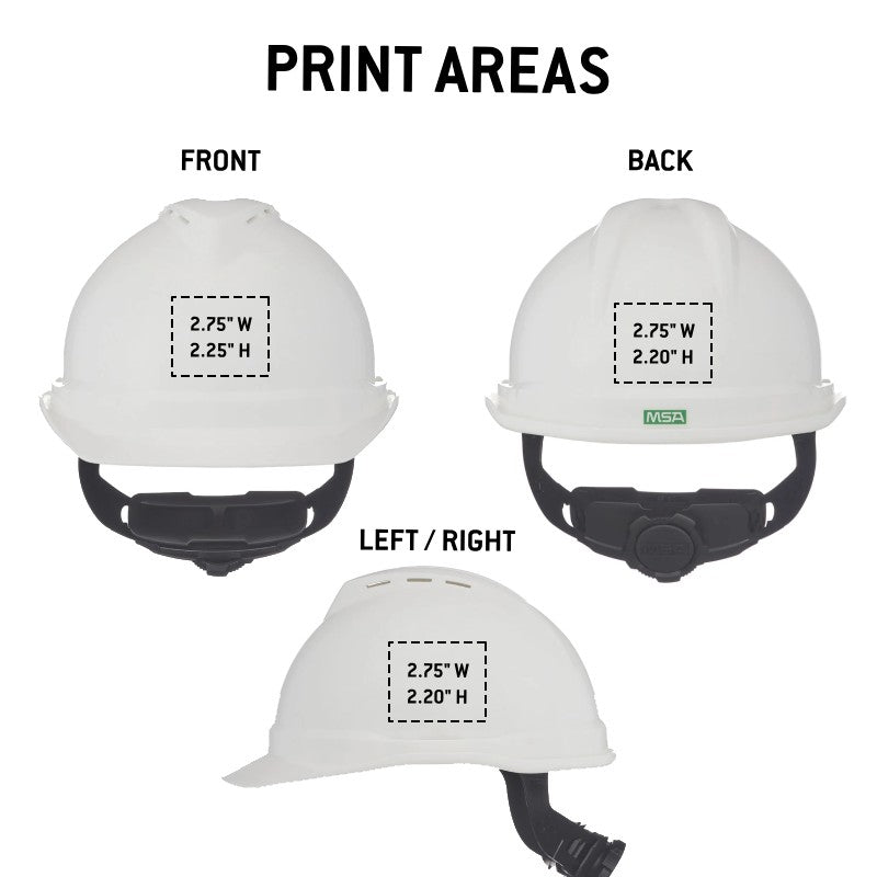 Custom MSA V-Gard 500 Vented Cap Style Hard Hat, Fas-Trac III 6-Point Ratchet Suspension