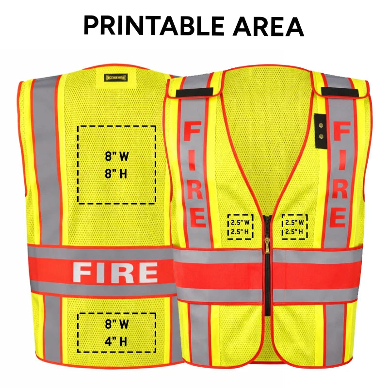Yellow fire safety vest with reflective stripes and 'FIRE' text on a white background