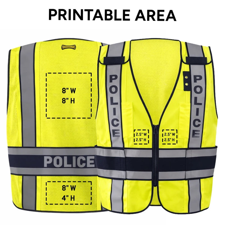 Yellow police safety vest with reflective stripes and dimensions labeled on a white background.
