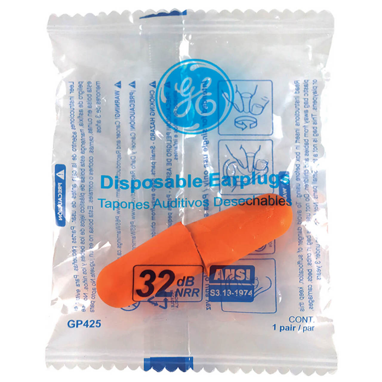 General Electric 32 dB Polyurethane Foam Bullet Earplugs, GP425, 200 Pair, Orange