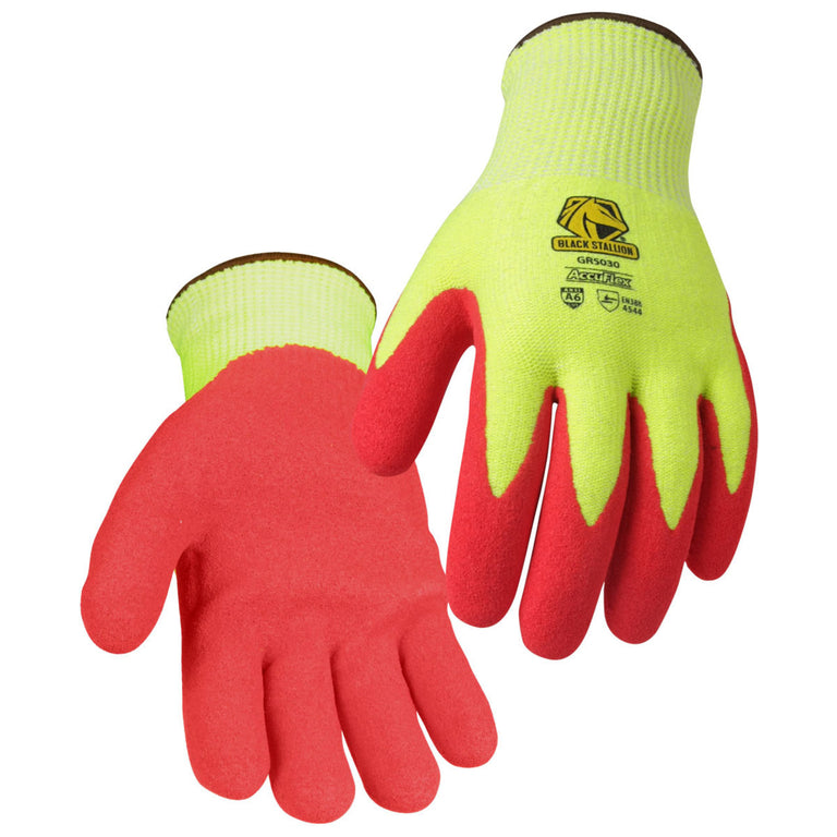 Black Stallion GR5030 AccuFlex Hi-Vis A6 Cut Sandy Nitrile Coated Gloves, Hi-Vis Green/Red