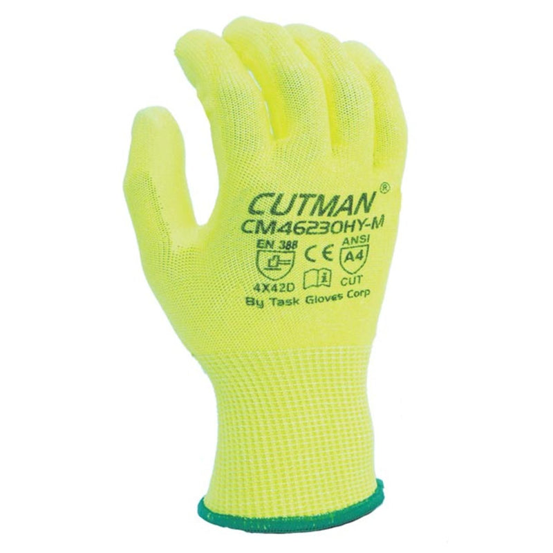 TASK CUTMAN Hi-Vis 13G ANSI A4 Cut Resistant Polyurethane Coated Gloves - CM46230HY - Single Pair