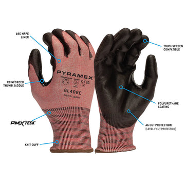 Pyramex GL408C A6 Cut Polyurethane Dipped Gloves, Red