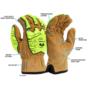 Pyramex GL4004CKB Pigskin Impact Leather Driver Gloves, Brown/Hi-Vis Lime