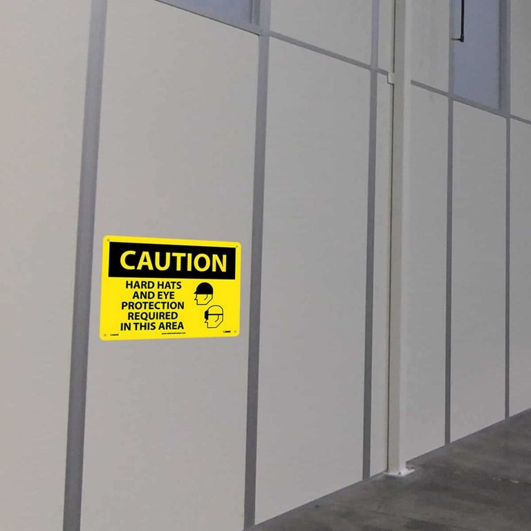 Caution Hard Hats And Eye Protection Required In This Area Graphic 10x14 Aluminum Sign