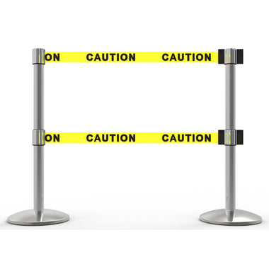 Banner Stakes 14' Dual Retractable Belt Barrier System with Bases, Chrome Posts and Yellow "Caution" Belts - AL6201C-D