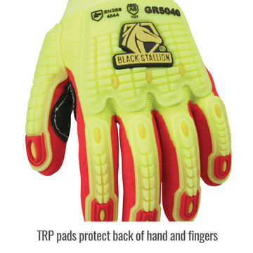 Black Stallion GR5040 AccuFlex Hi-Vis A6 Cut Sandy Nitrile Coated Impact Gloves, Hi-Vis Lime/Red