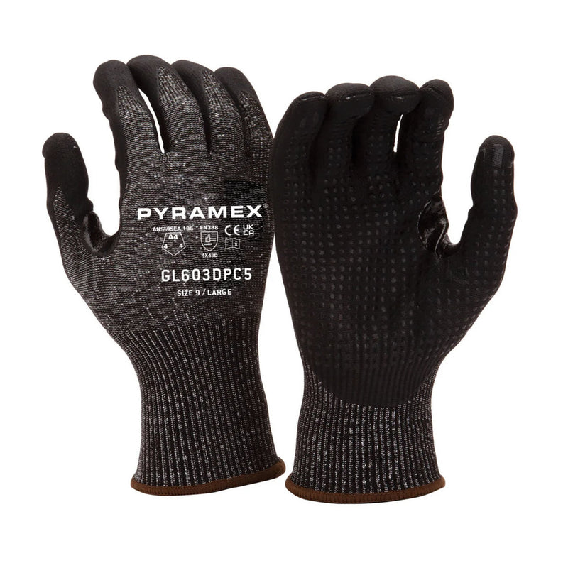 Pyramex GL603DPC5 A4 Cut Dotted Micro Foam Nitrile Dipped Gloves, Gray