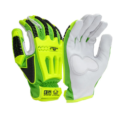 Pyramex GL3012CB Premium Goatskin Leather Driver Para-Aramid A6 Cut Gloves, Hi-Vis Lime