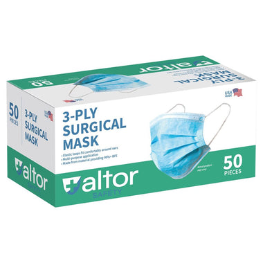 Altor Safety Surgical Mask with No Nose Wire 62212NW, 3-Ply ASTM Level 1, USA Made, Blue, Box of 50