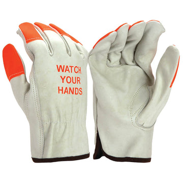 Pyramex GL2002K Value Grain Cowhide Hi-Vis "Watch Your Hands" Leather Driver Gloves, Natural/Orange