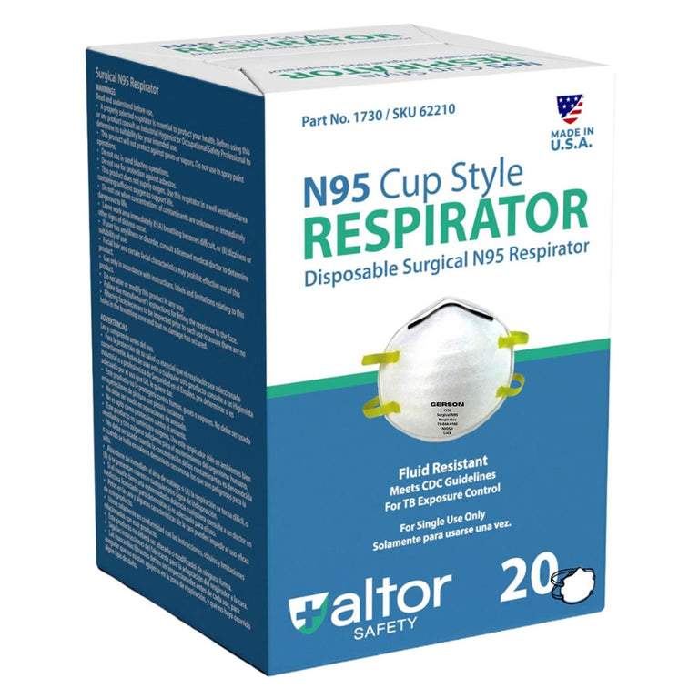 Altor Safety N95 NIOSH Cup Respirator 62210, USA Made, White, Box of 20