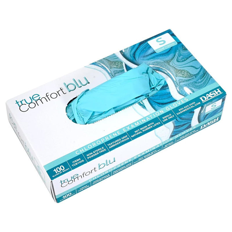 DASH True Comfort Blu Polychloroprene Exam Grade Disposable Gloves, Ocean Blue, 3.1 mil, Box of 100