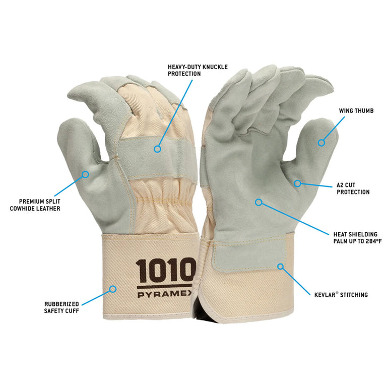 Pyramex GL1010W A2 Cut Premium Cowhide Safety Cuff Leather Palm Gloves, Natural