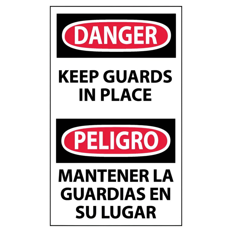 Danger, Keep Guards In Place Bilingual, 5x3, Pressure Sensitive Vinyl Machine Label