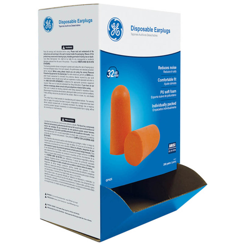 General Electric 32 dB Polyurethane Foam Bullet Earplugs, GP425, 200 Pair, Orange