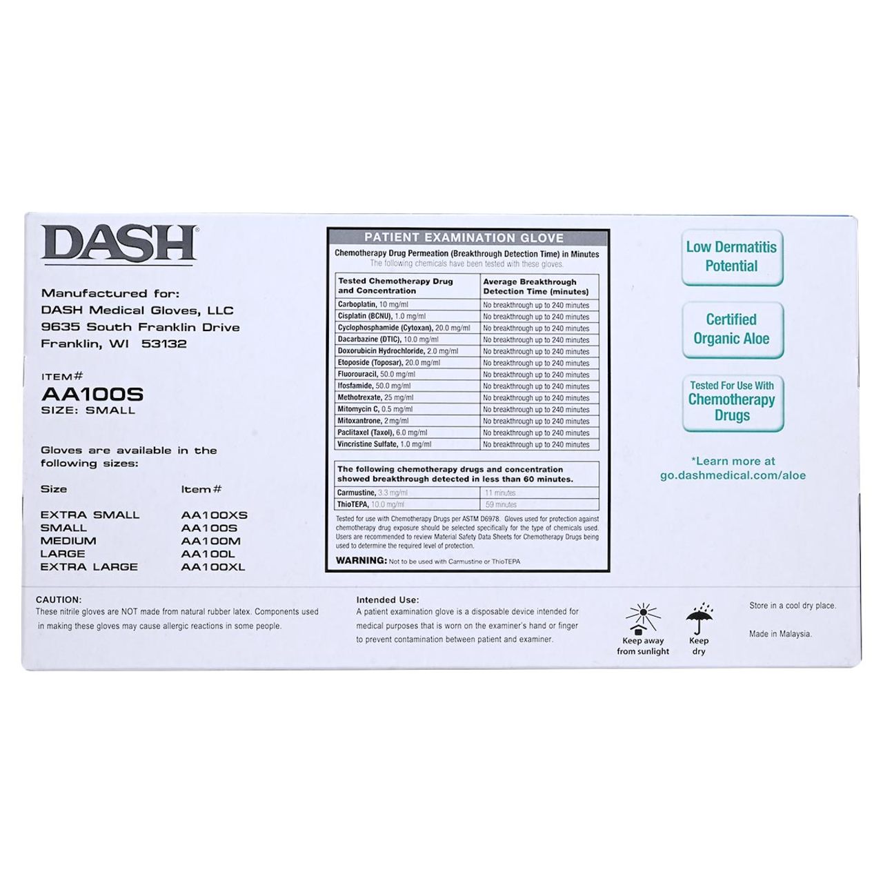 DASH Alasta Aloe Nitrile Exam Grade Disposable Gloves, Chemo Tested, Green, 3.9 mil, Box of 100
