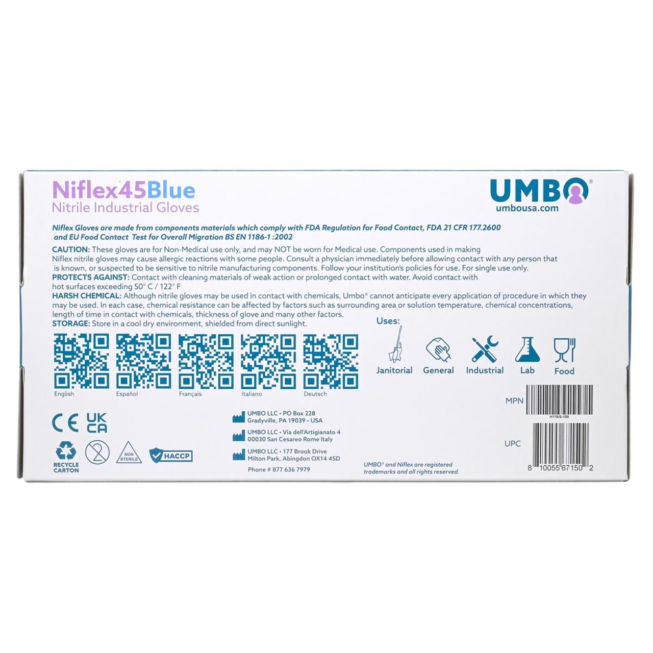 UMBO Niflex45 Nitrile Disposable Gloves, 4.5 mil, Blue, Box of 100
