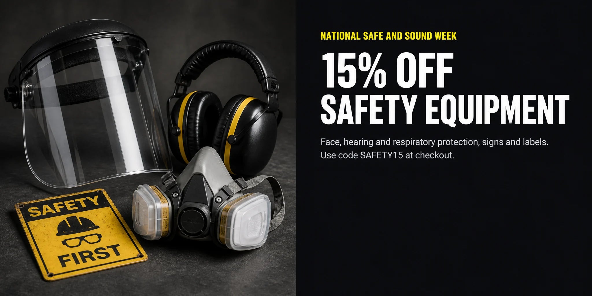 National Safe and Sound Week: 15 percent off face, hearing and respiratory protection, signs and labels, with code SAFETY15