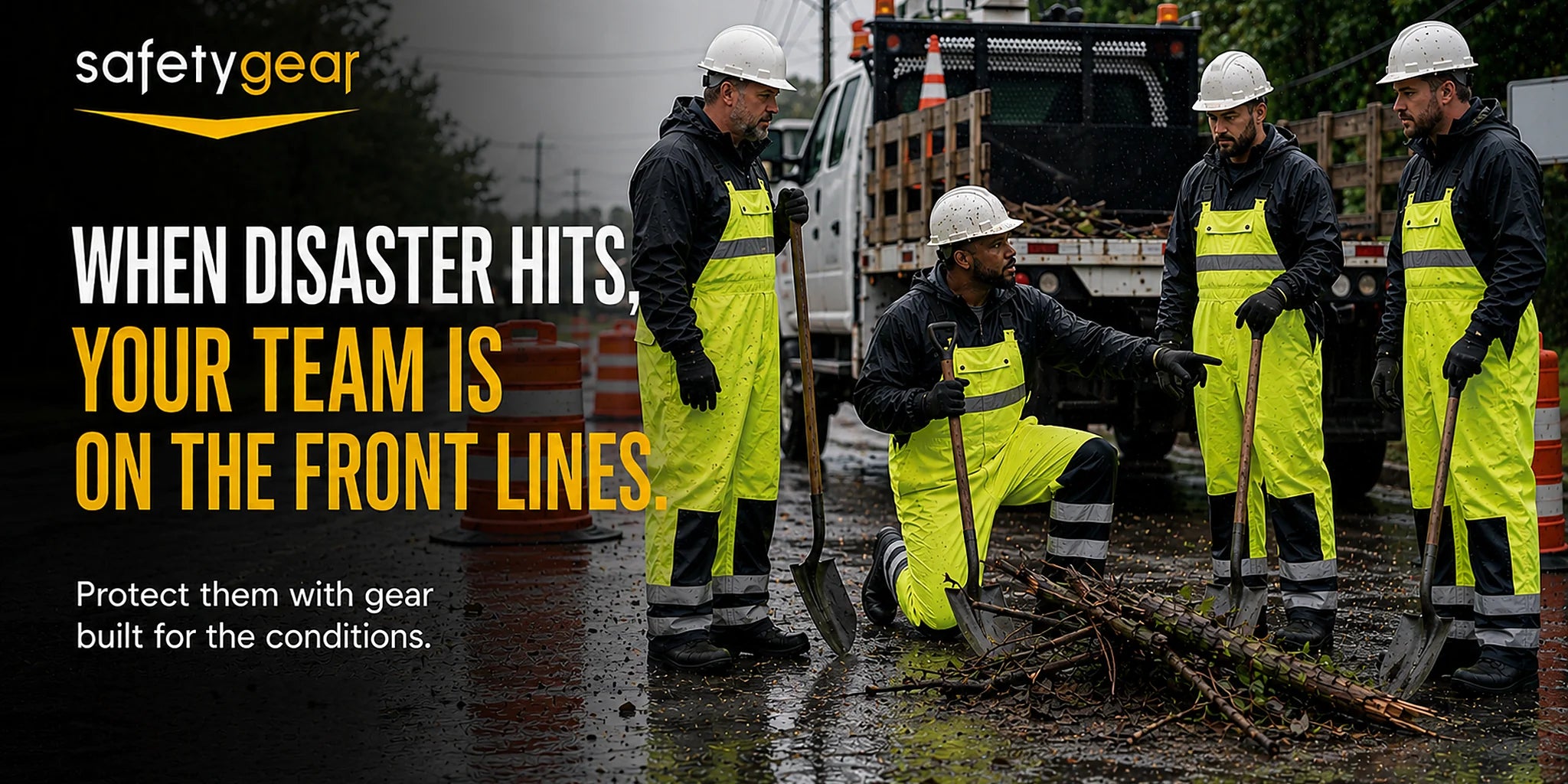 When disaster hits, your team is on the front lines. Protect them with gear built for the conditions. A storm response crew in hi-vis rain suits and hard hats clearing a fallen branch from a wet road beside a utility truck.